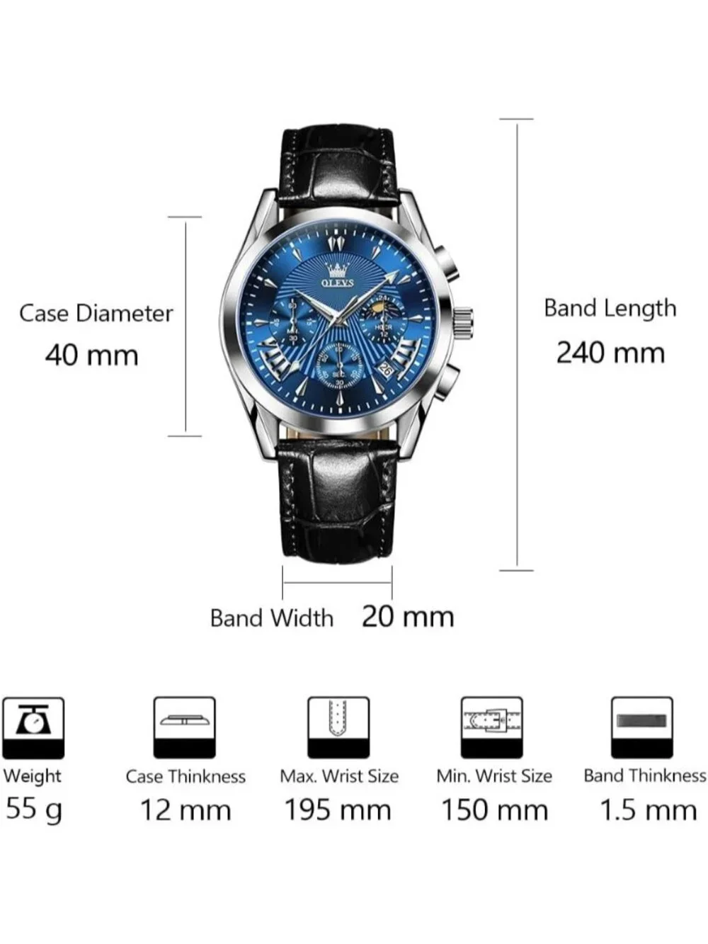 Men's Blue Leather Chronograph Watch Big Face Waterproof Date Luminous Watch